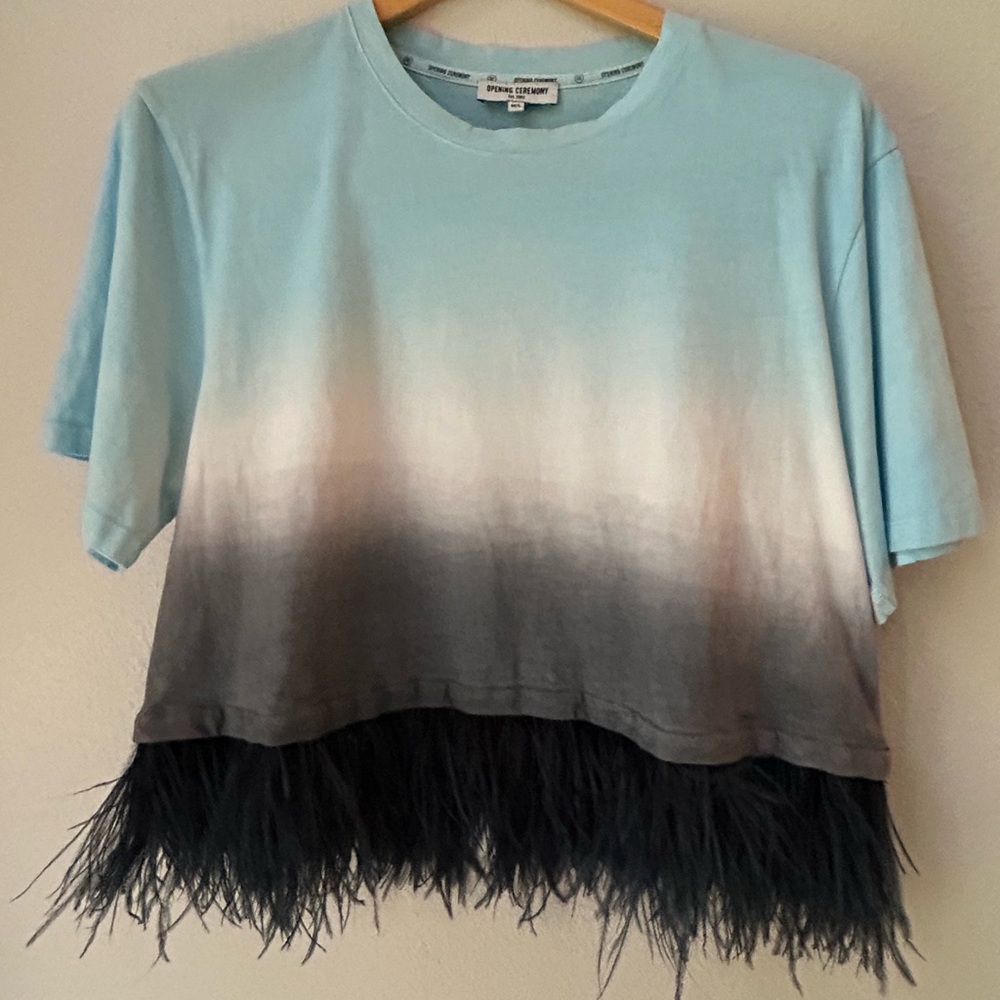 Cropped T - Dip Dye Sky Dreamy Ombre W/ (Removable) Blue Ostrich Feather Trim